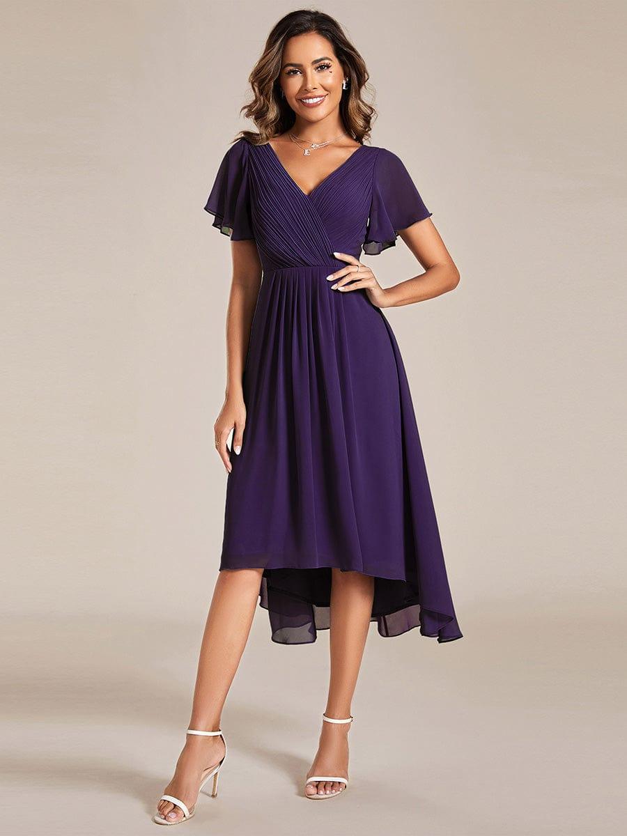 Chic V Neck High-Low Evening Dress #color_Dark Purple