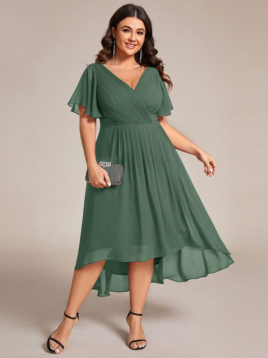 Chic V Neck High-Low Wedding Guest Dress #color_Eucalyptus Green