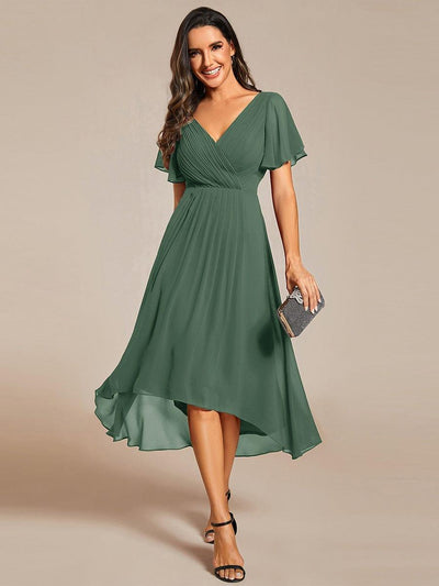 Chic V Neck High-Low Evening Dress #color_Eucalyptus Green
