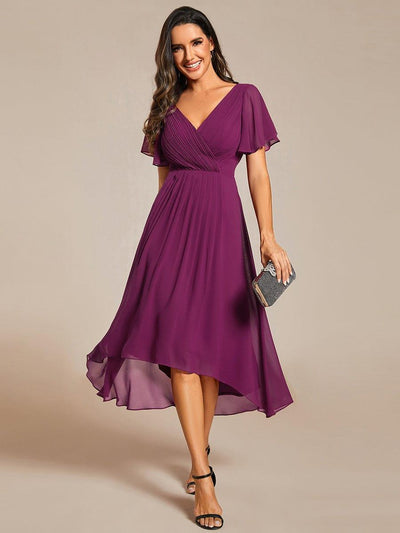 ever FAYE|Chic V Neck High-Low Short Sleeve Wedding Guest Dress #color_Fuchsia