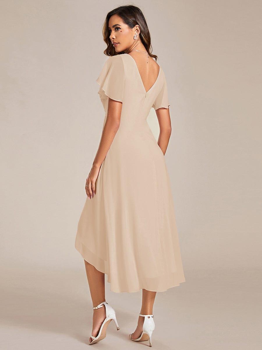 ever FAYE|Chic V Neck High-Low Short Sleeve Wedding Guest Dress #color_Gold
