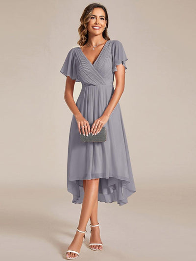 ever FAYE|Chic V Neck High-Low Short Sleeve Wedding Guest Dress #color_Grey