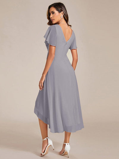 ever FAYE|Chic V Neck High-Low Short Sleeve Wedding Guest Dress #color_Grey