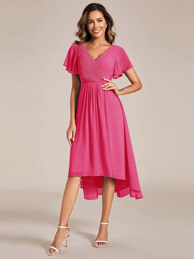 ever FAYE|Chic V Neck High-Low Short Sleeve Wedding Guest Dress #color_Hot Pink