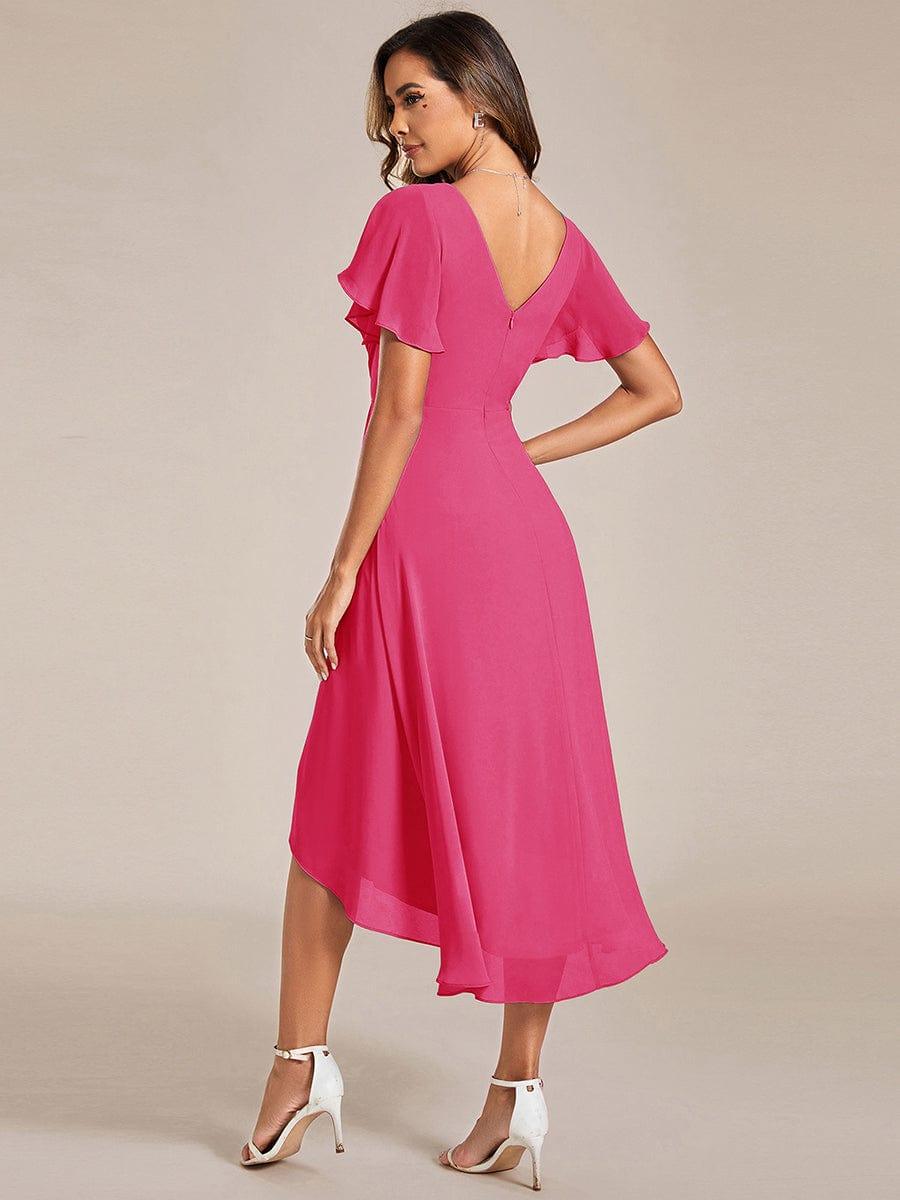 ever FAYE|Chic V Neck High-Low Short Sleeve Wedding Guest Dress #color_Hot Pink