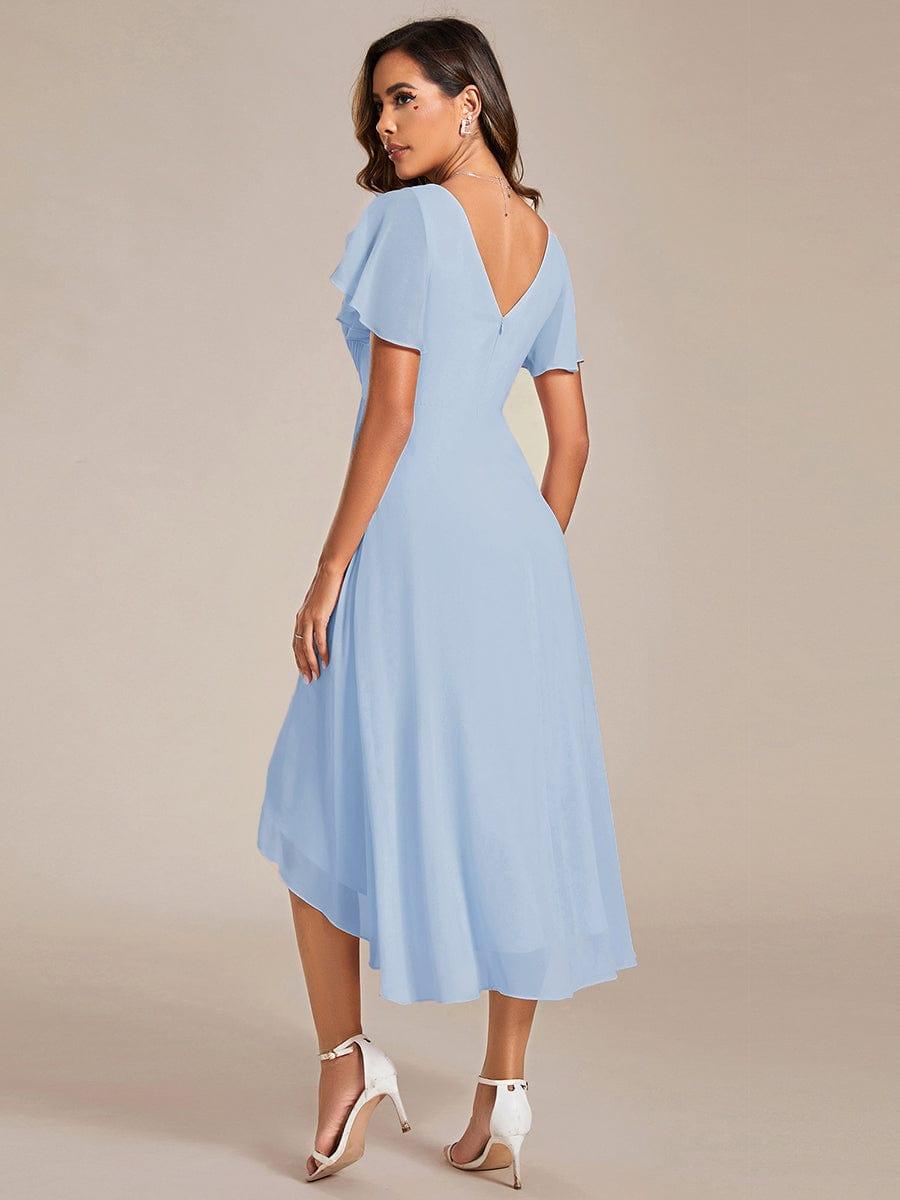 ever FAYE|Chic V Neck High-Low Short Sleeve Wedding Guest Dress #color_Ice Blue