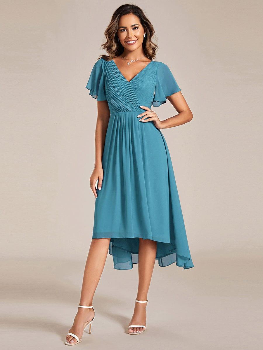 ever FAYE|Chic V Neck High-Low Short Sleeve Wedding Guest Dress #color_Jade Blue