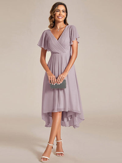 ever FAYE|Chic V Neck High-Low Short Sleeve Wedding Guest Dress #color_Lilac