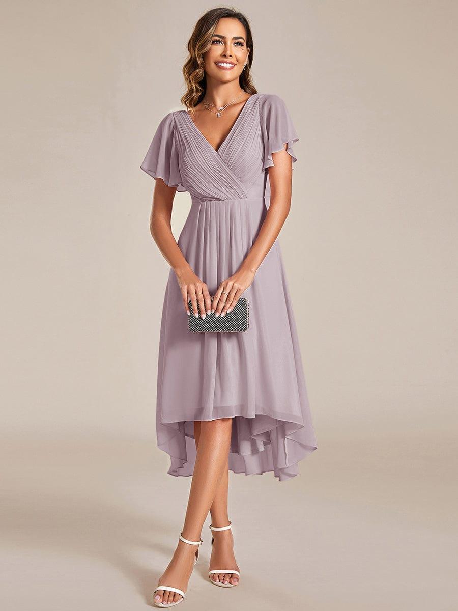 ever FAYE|Chic V Neck High-Low Short Sleeve Wedding Guest Dress #color_Lilac