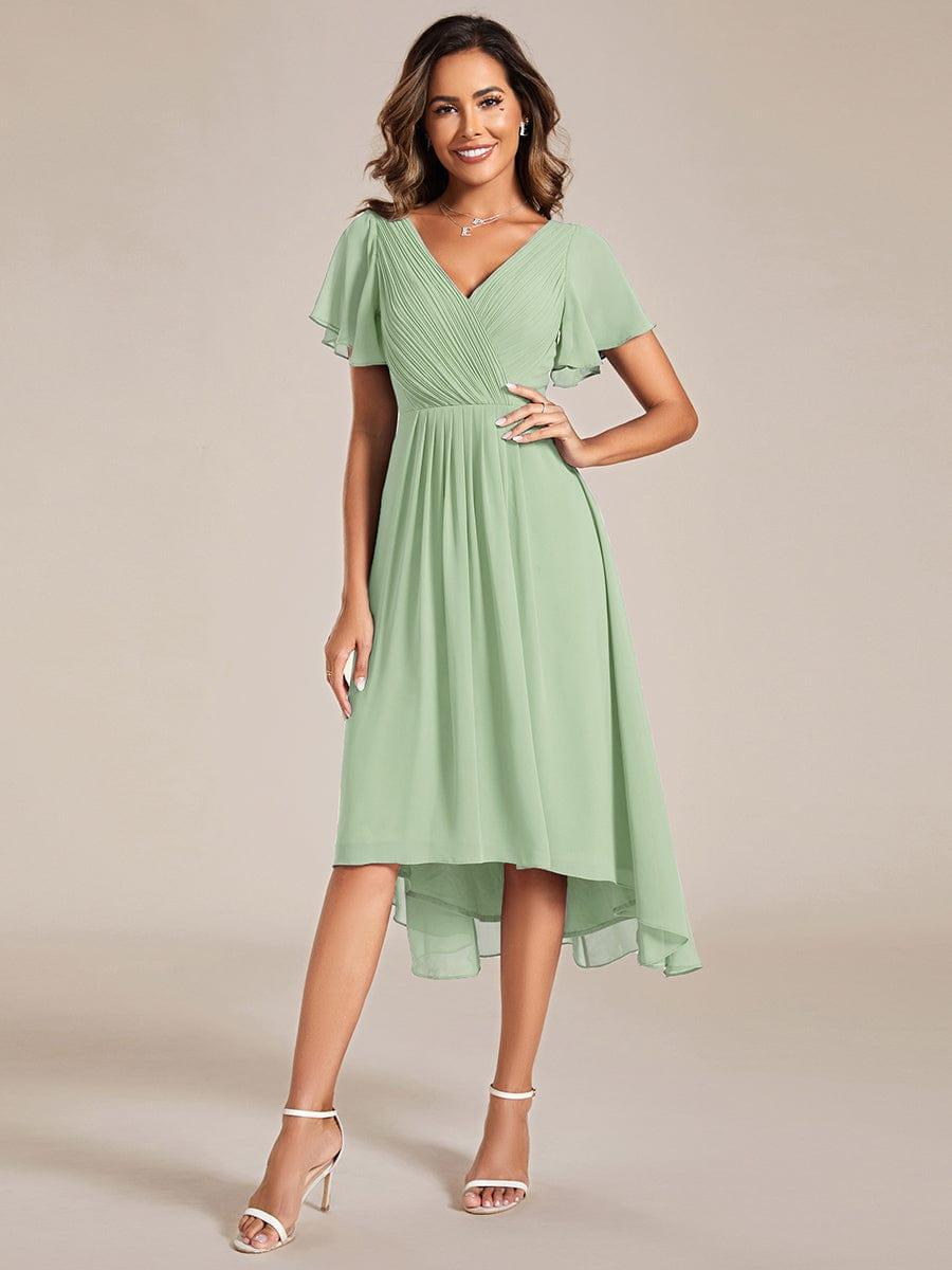Chic V Neck High-Low Evening Dress #color_Mint Green