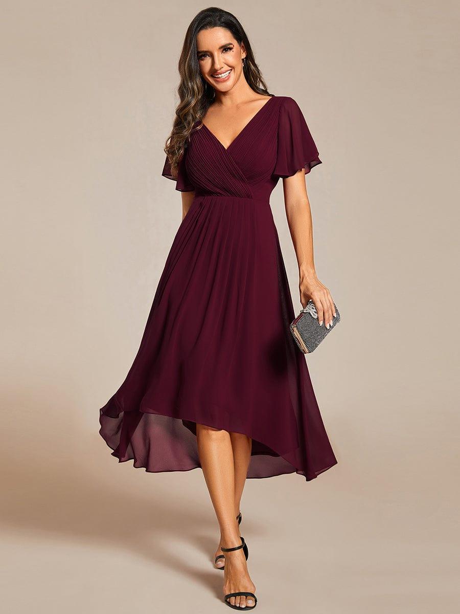 ever FAYE|Chic V Neck High-Low Short Sleeve Wedding Guest Dress #color_Mulberry