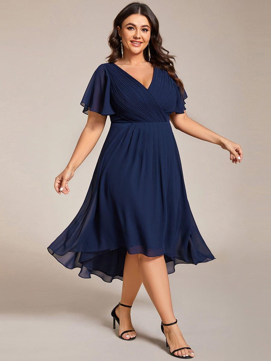Plus Size V-Neck High-Low Chiffon Wedding Guest Dress #color_Navy Blue