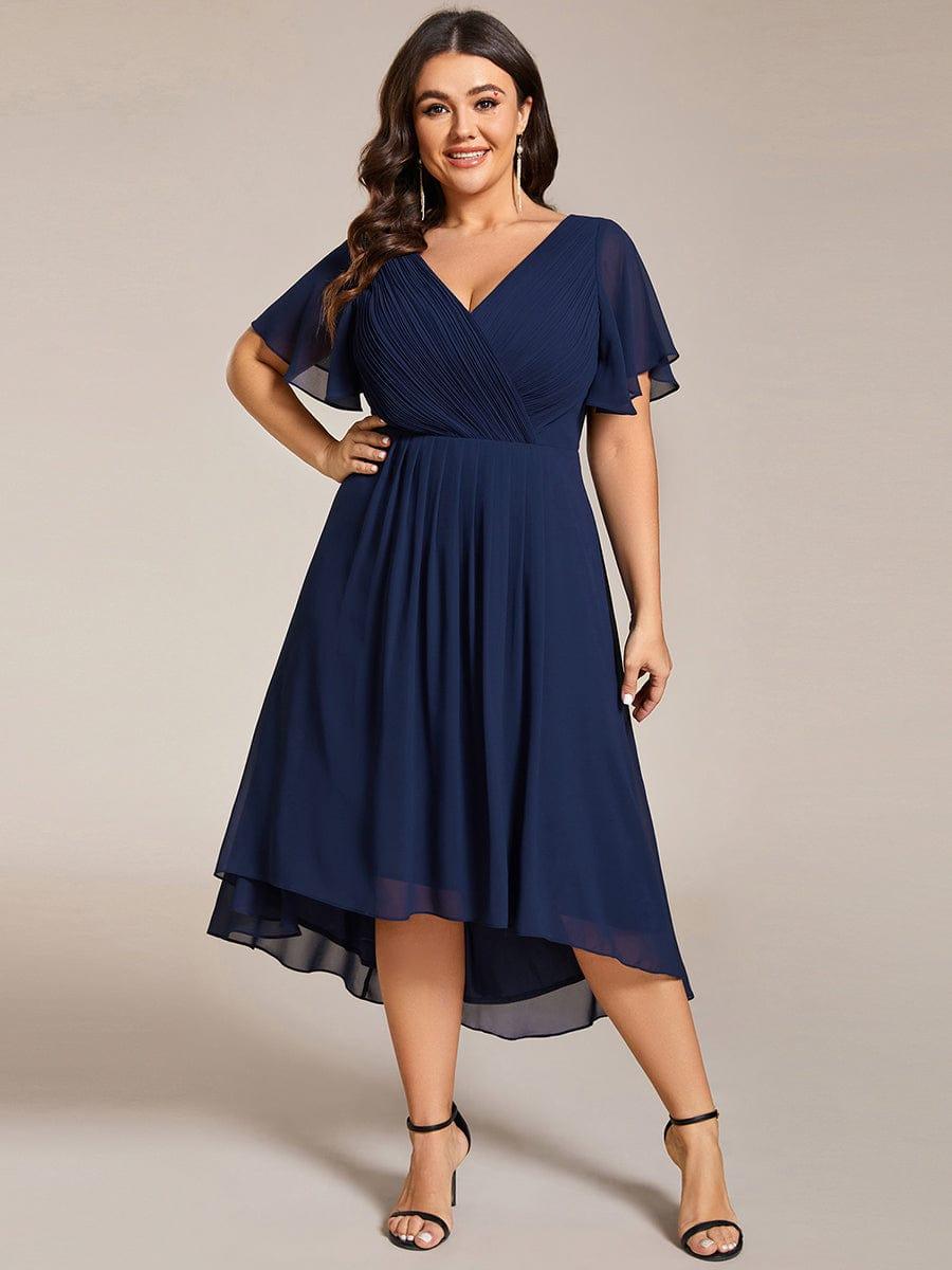 Plus Size V-Neck High-Low Chiffon Wedding Guest Dress #color_Navy Blue