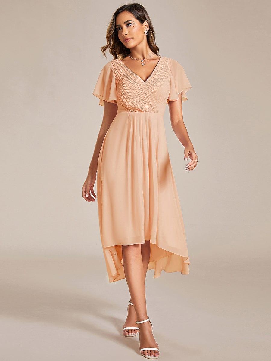 Chic V Neck High-Low Wedding Guest Dress #color_Peach