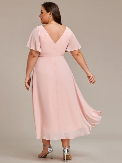 Plus Size V-Neck High-Low Chiffon Wedding Guest Dress #color_Pink