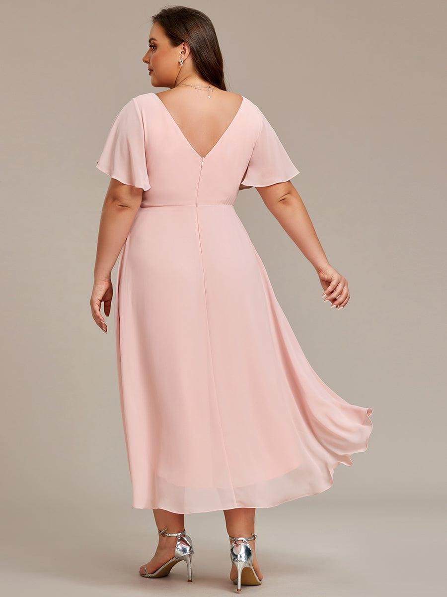 Plus Size V-Neck High-Low Chiffon Wedding Guest Dress #color_Pink