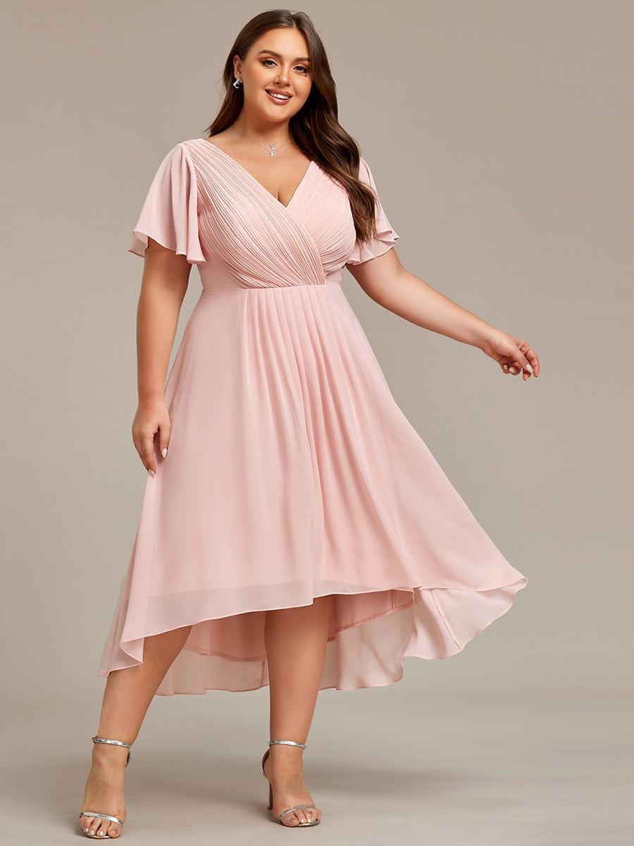 Chic V Neck High-Low Evening Dress #color_Pink