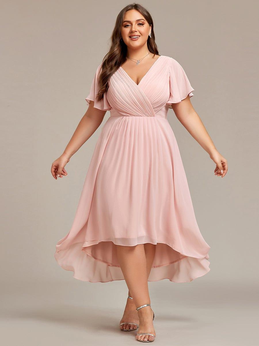 Chic V Neck High-Low Evening Dress #color_Pink