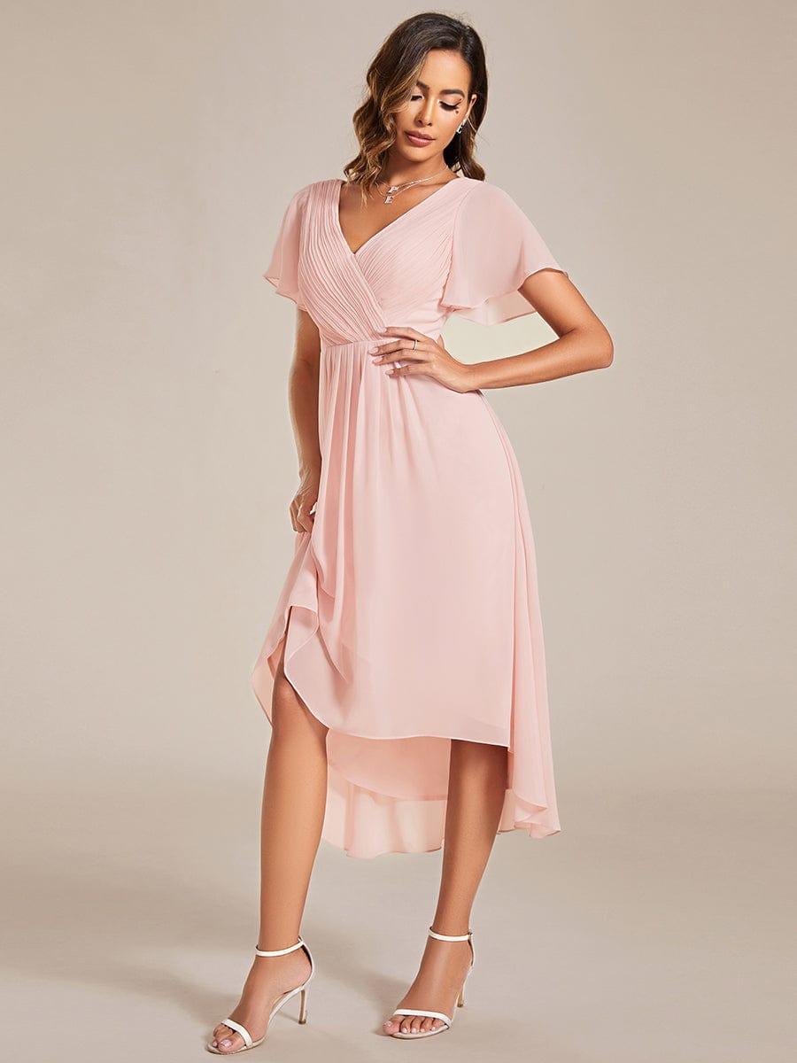 Chic V Neck High-Low Evening Dress #color_Pink