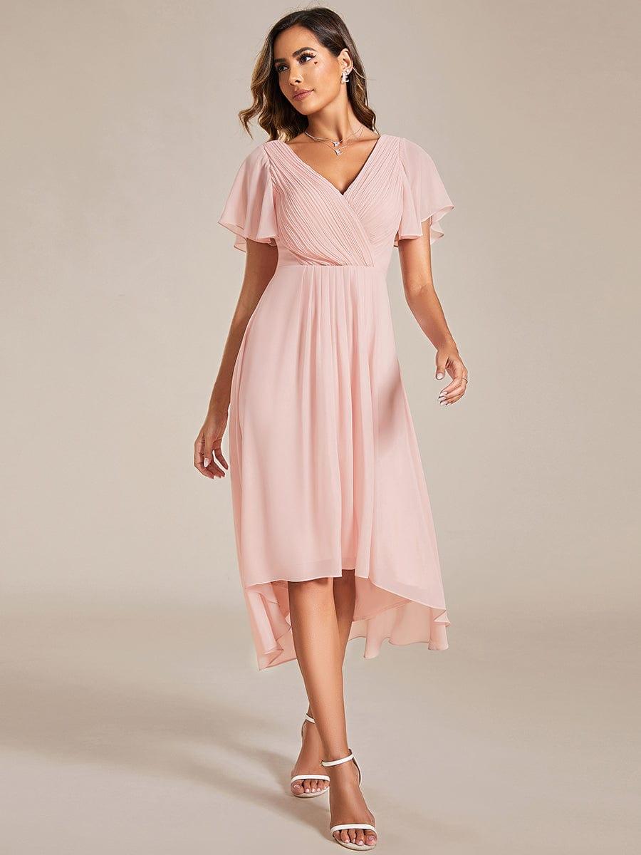 Chic V Neck High-Low Evening Dress #color_Pink