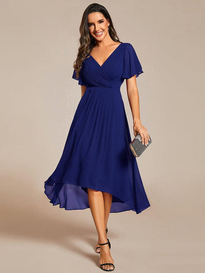 ever FAYE|Chic V Neck High-Low Short Sleeve Wedding Guest Dress #color_Royal Blue