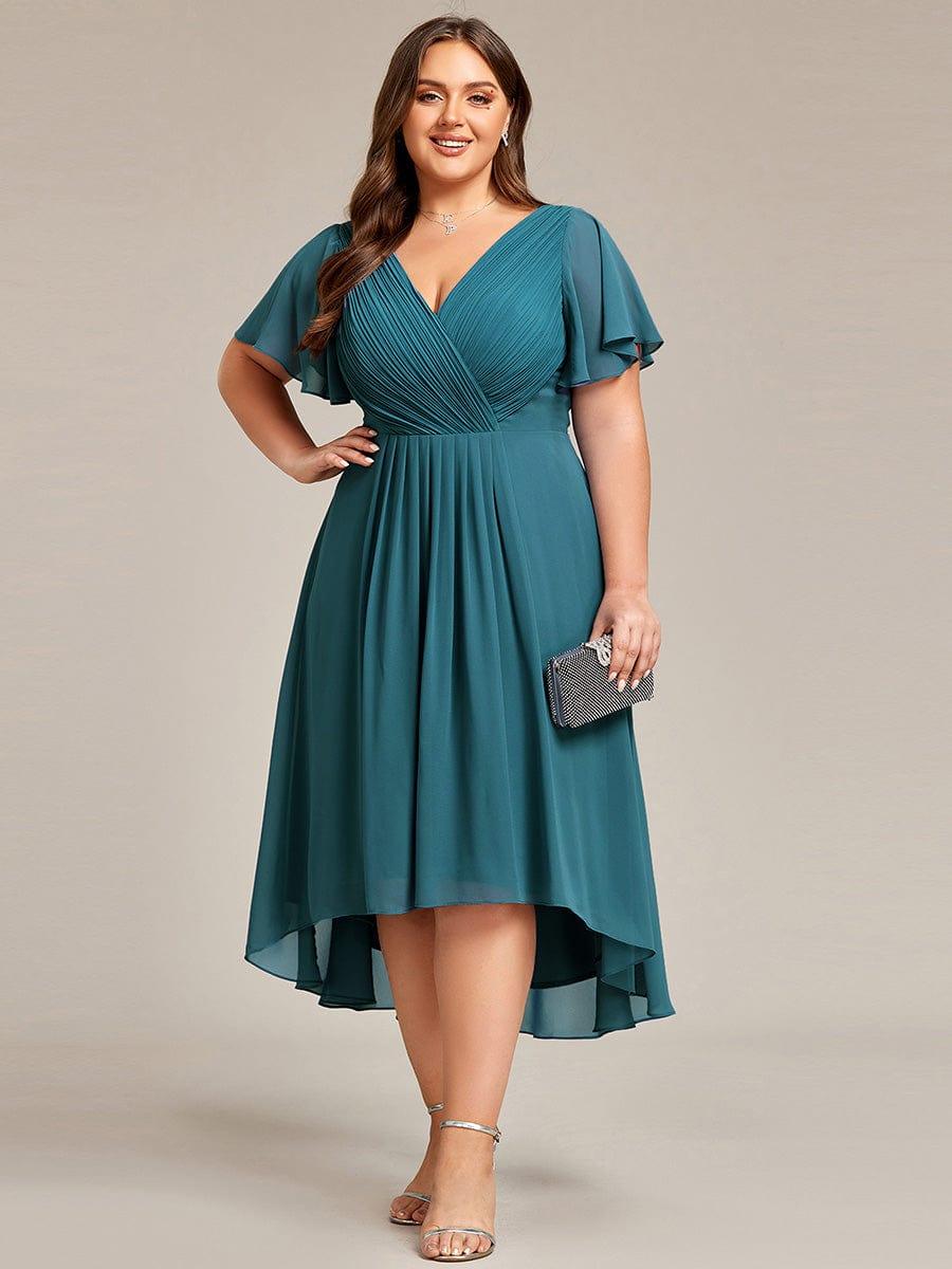 Chic V Neck High-Low Evening Dress #color_Teal