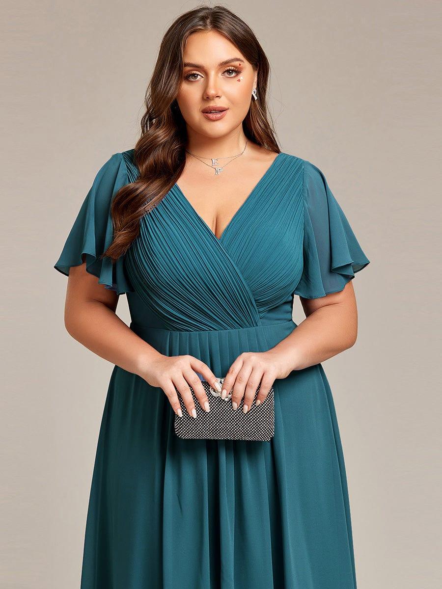 Chic V Neck High-Low Evening Dress #color_Teal