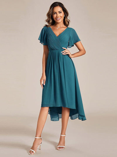 Chic V Neck High-Low Wedding Guest Dress #color_Teal