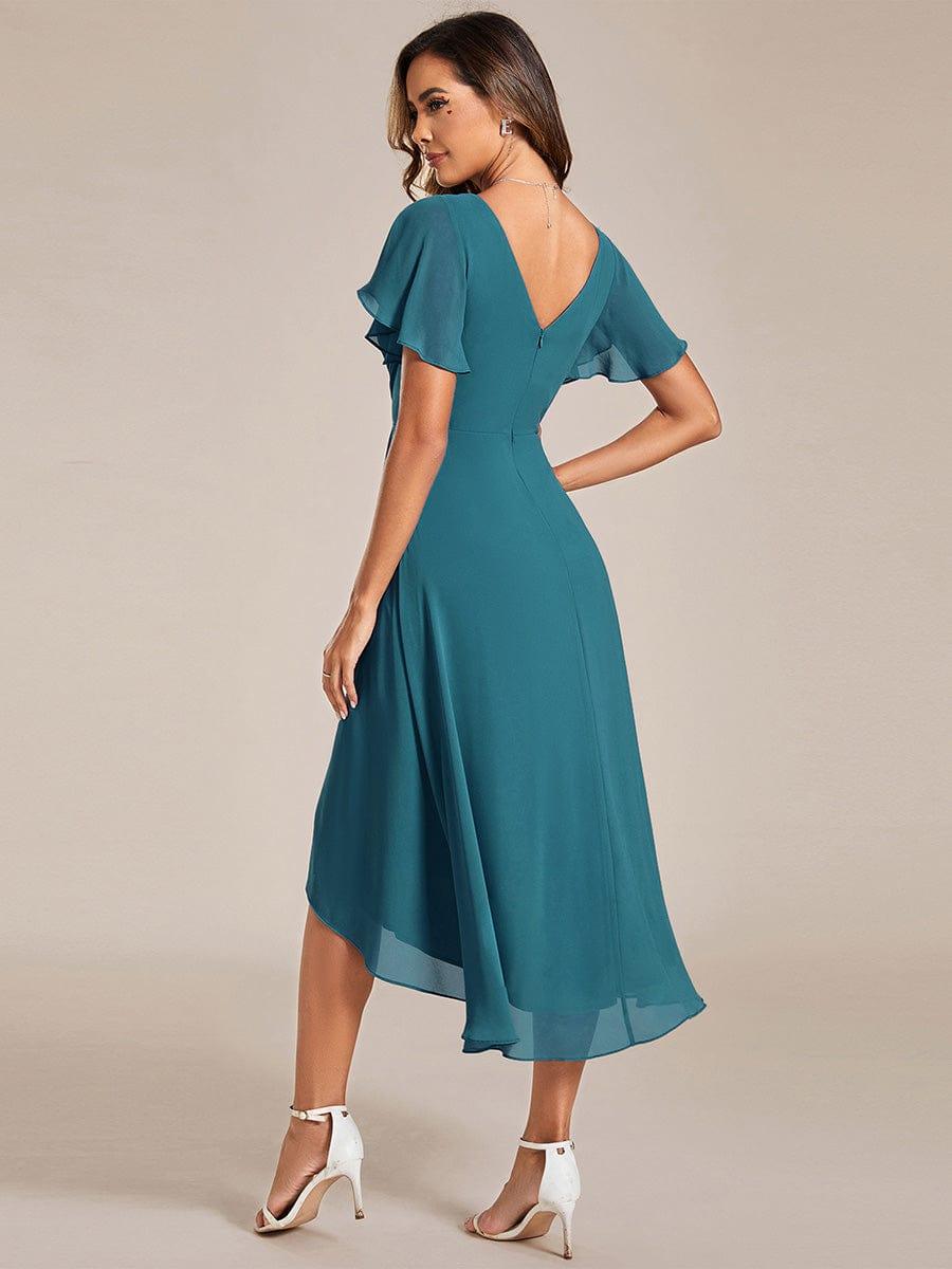 Chic V Neck High-Low Evening Dress #color_Teal