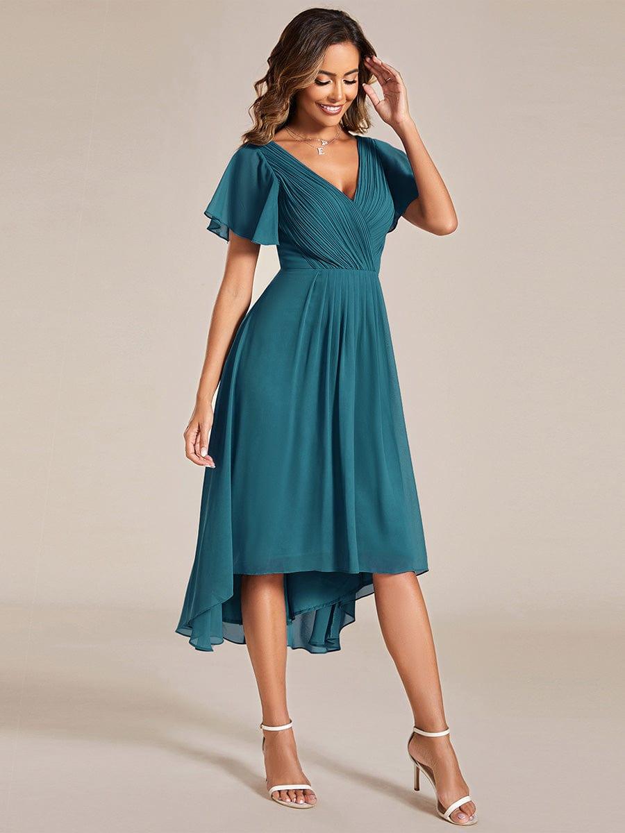 Chic V Neck High-Low Evening Dress #color_Teal