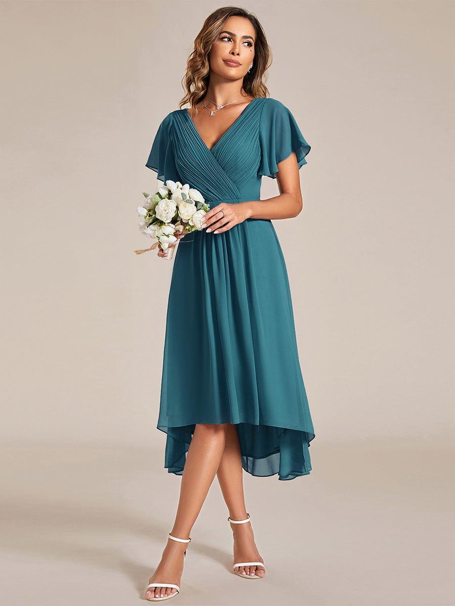 Chic V Neck High-Low Evening Dress #color_Teal