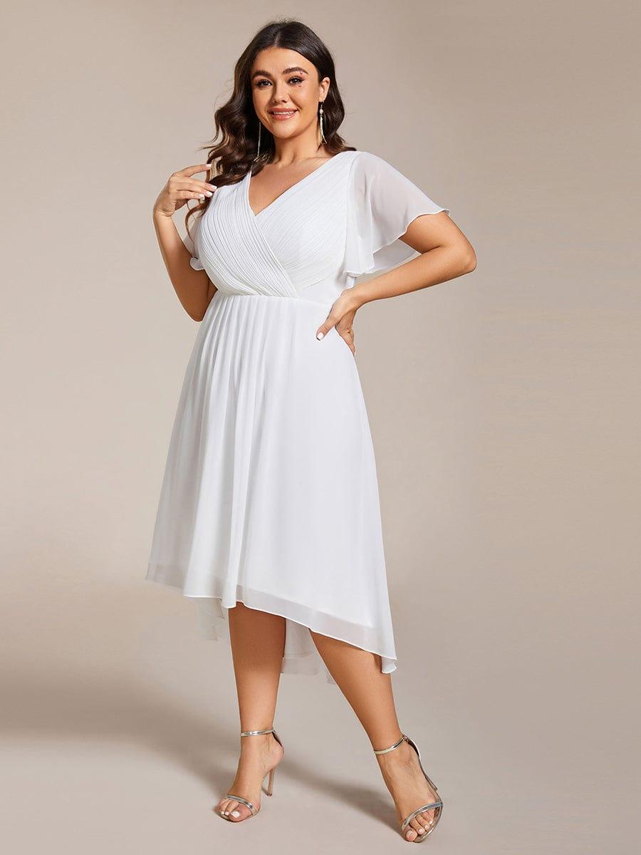 Plus Size V-Neck High-Low Chiffon Wedding Guest Dress #color_White