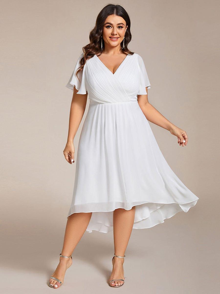 Plus Size V-Neck High-Low Chiffon Wedding Guest Dress #color_White