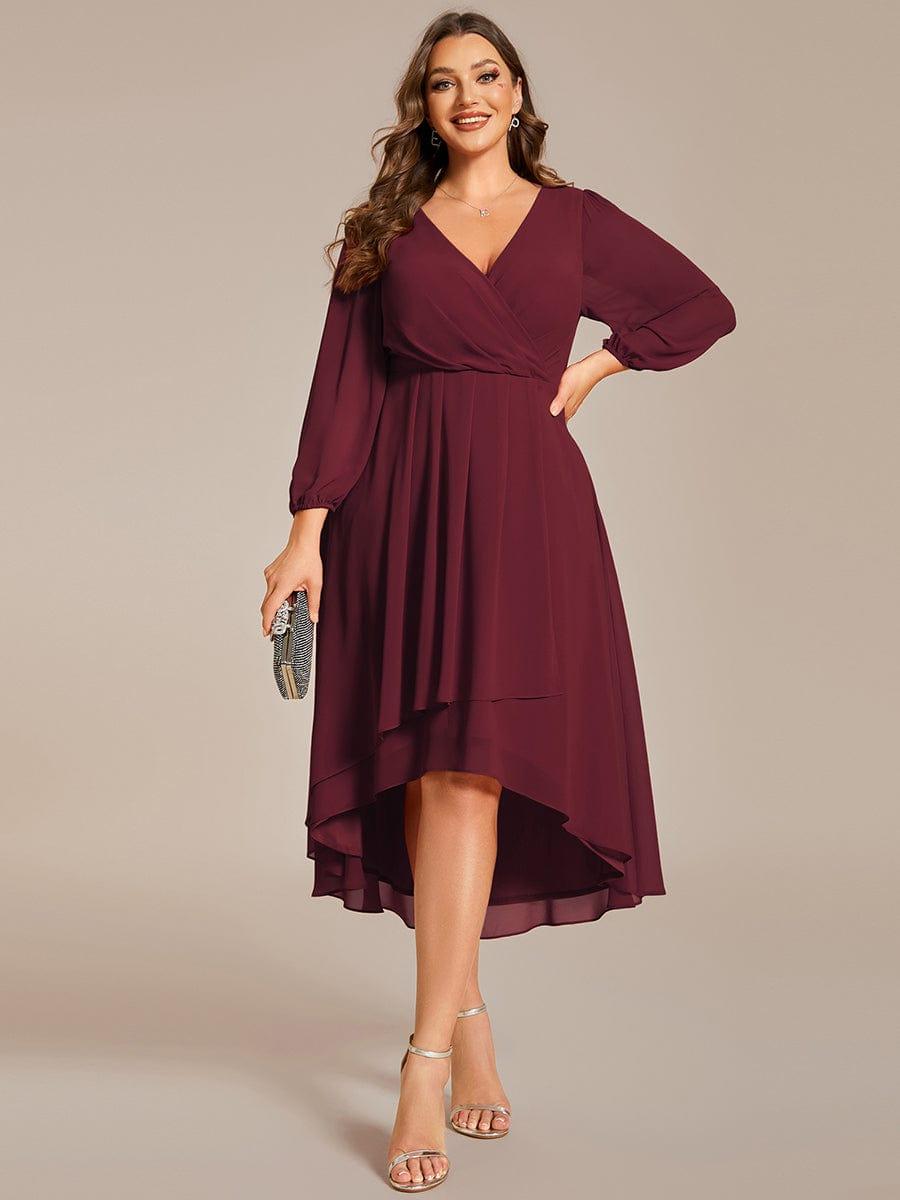 Plus Size Long Sleeve V-Neck Chiffon High Low Wedding Guest Dress #color_Burgundy