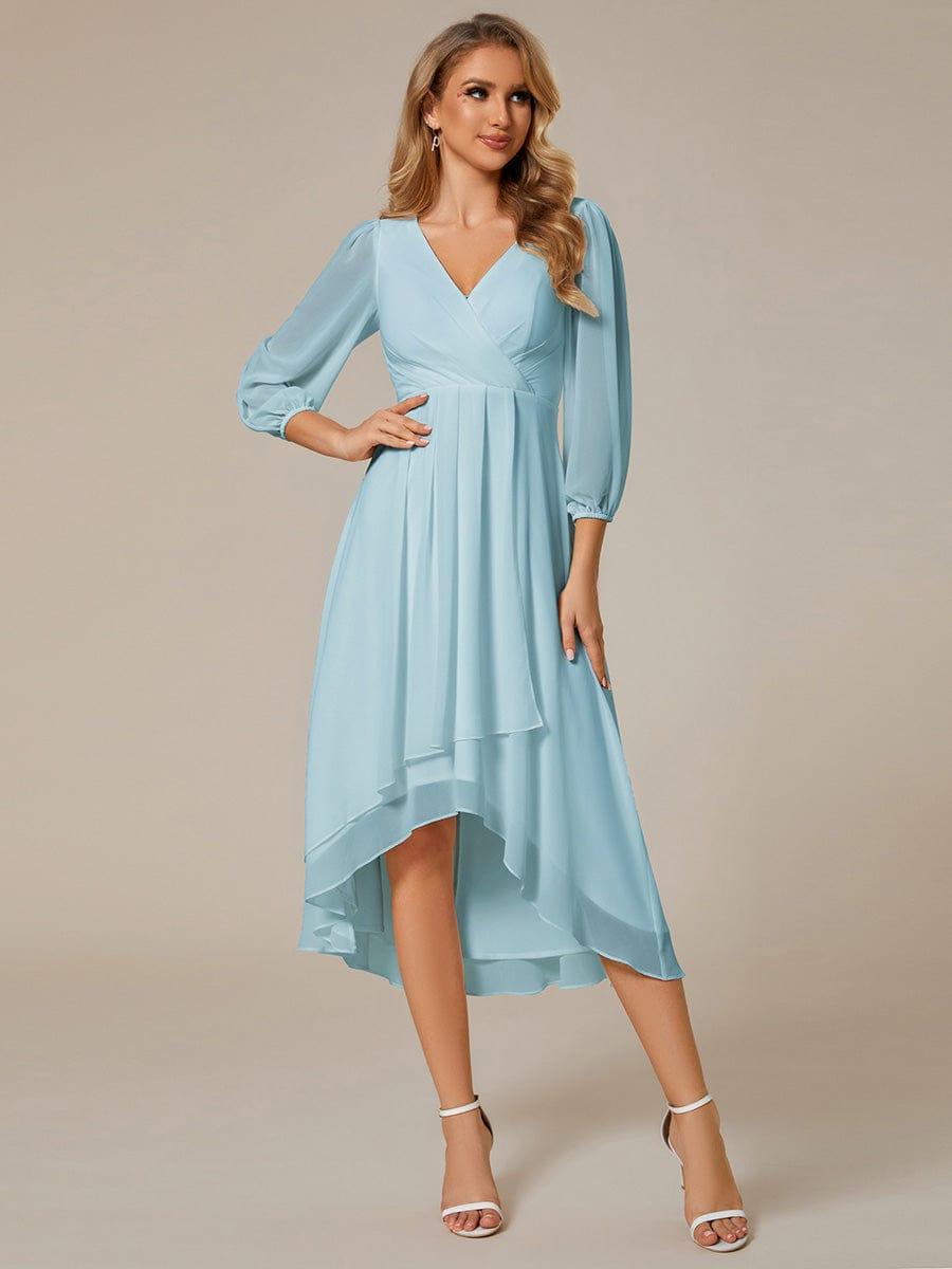 Chiffon Long Sleeve V-Neck High-Low Wedding Guest Dress #color_Sky Blue