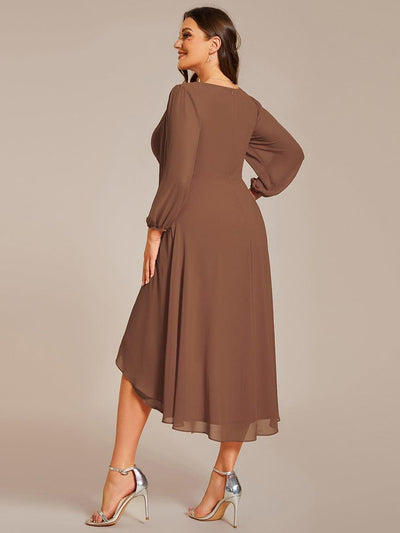 Elegant Long Sleeve V-Neck High Low Chiffon Wedding Guest Dress #color_Brown