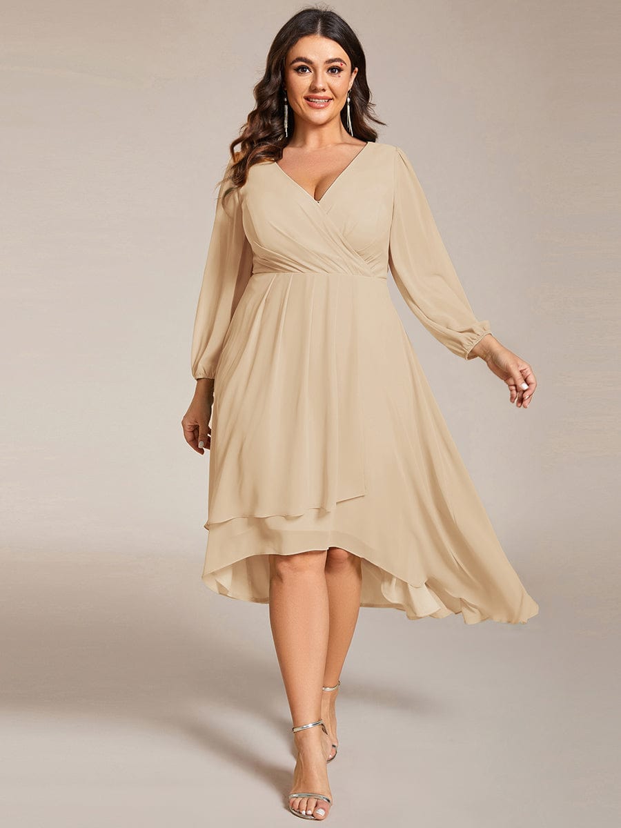 Chiffon Long Sleeve V-Neck High Low Wedding Guest Dress #color_Champagne