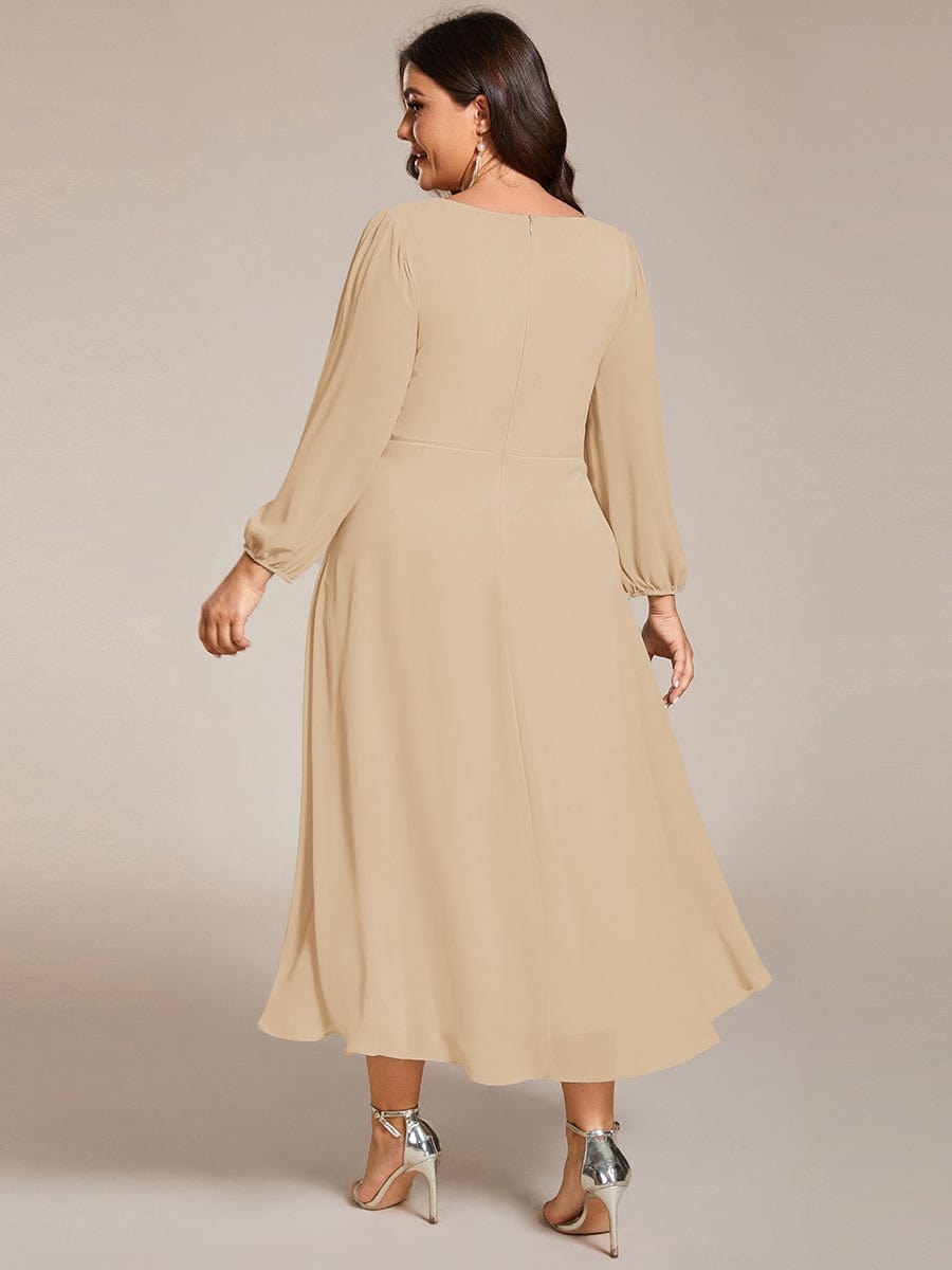 Chiffon Long Sleeve V-Neck High Low Wedding Guest Dress #color_Champagne