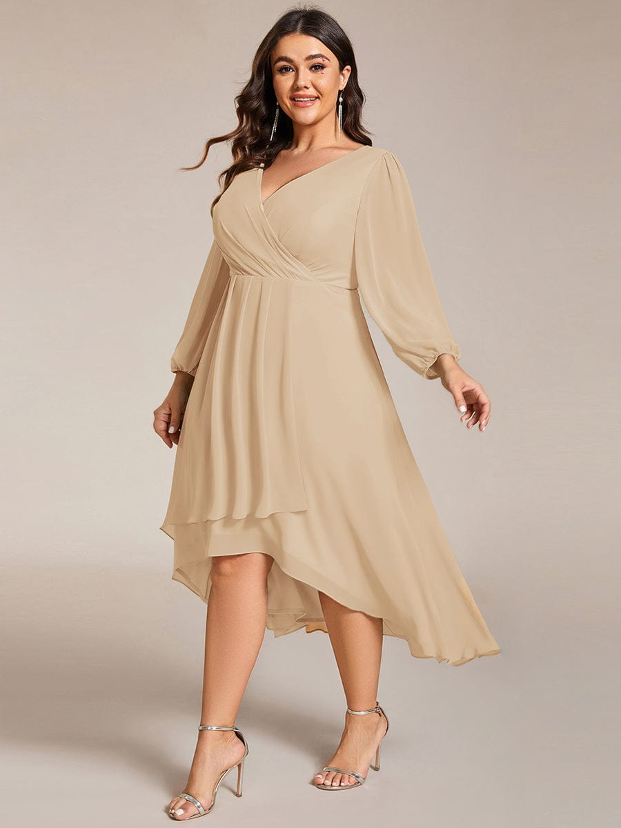 Chiffon Long Sleeve V-Neck High Low Wedding Guest Dress #color_Champagne
