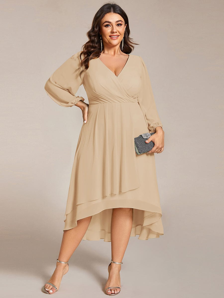 Chiffon Long Sleeve V-Neck High Low Wedding Guest Dress #color_Champagne