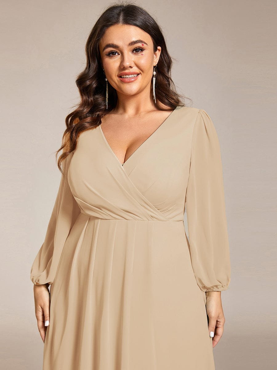 Chiffon Long Sleeve V-Neck High Low Wedding Guest Dress #color_Champagne