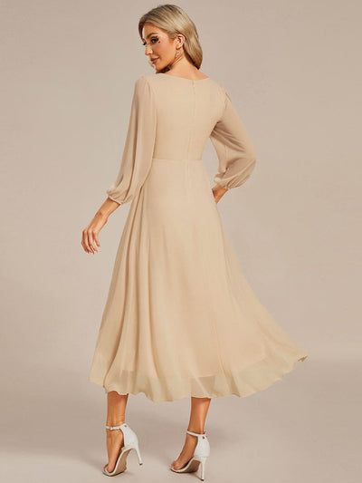 Chiffon Long Sleeve V-Neck High Low Wedding Guest Dress #color_Champagne