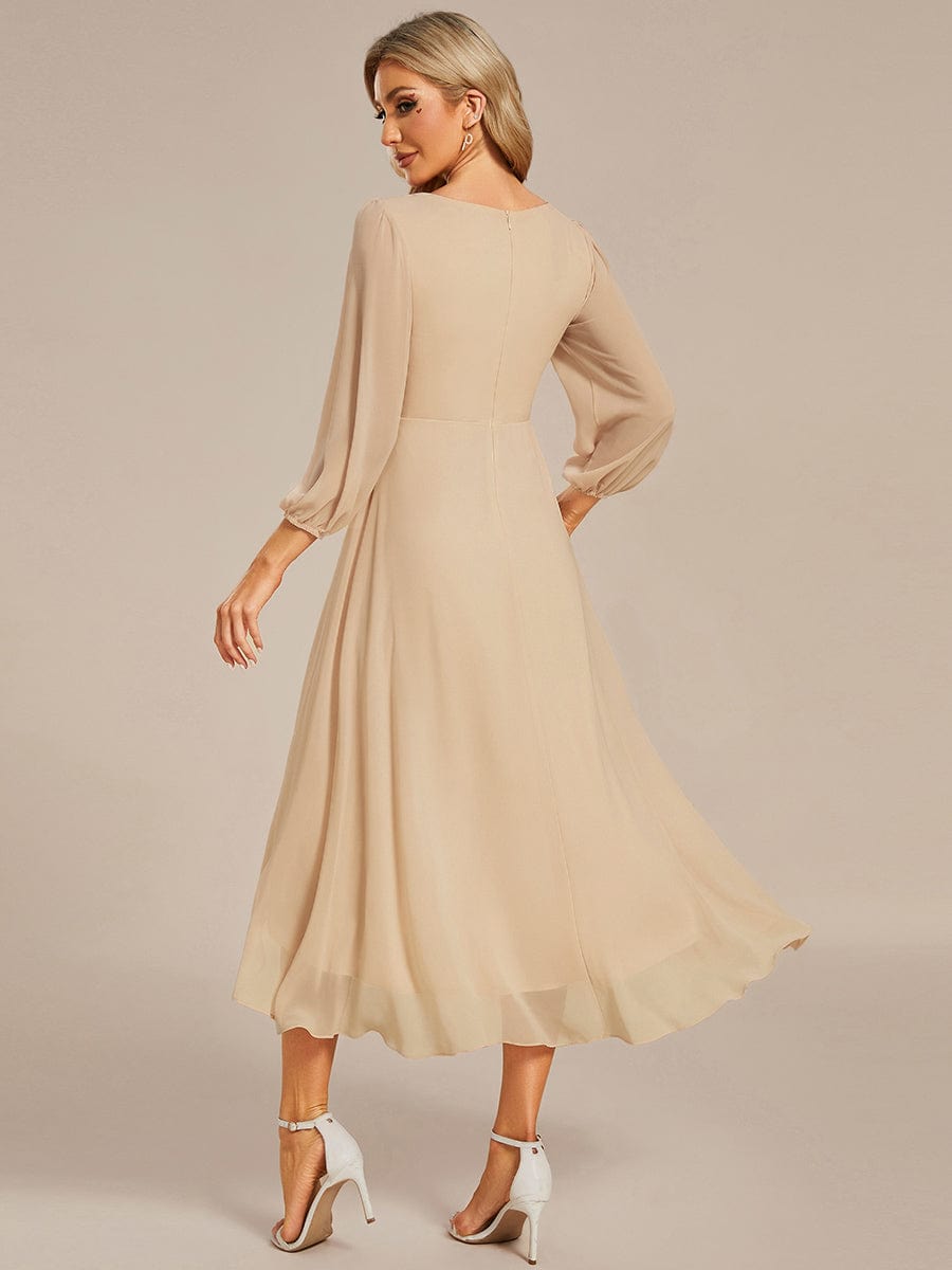Chiffon Long Sleeve V-Neck High Low Wedding Guest Dress #color_Champagne