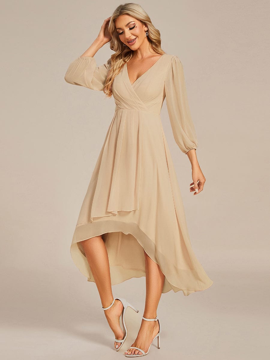 Chiffon Long Sleeve V-Neck High Low Wedding Guest Dress #color_Champagne