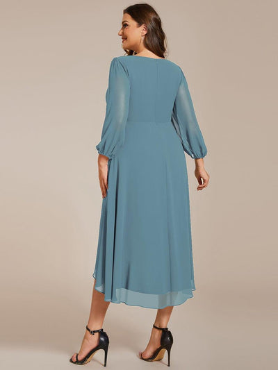 Plus Size Long Sleeve V-Neck Chiffon High Low Wedding Guest Dress #color_Light Teal