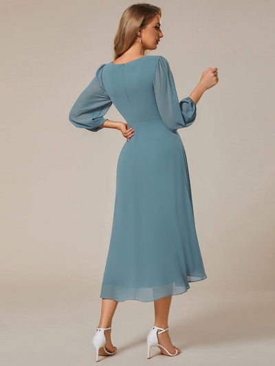 Elegant Long Sleeve V-Neck High Low Chiffon Wedding Guest Dress #color_Light Teal