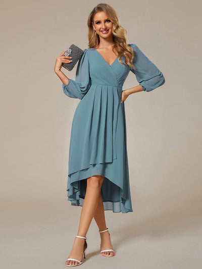 Elegant Long Sleeve V-Neck High Low Chiffon Wedding Guest Dress #color_Light Teal