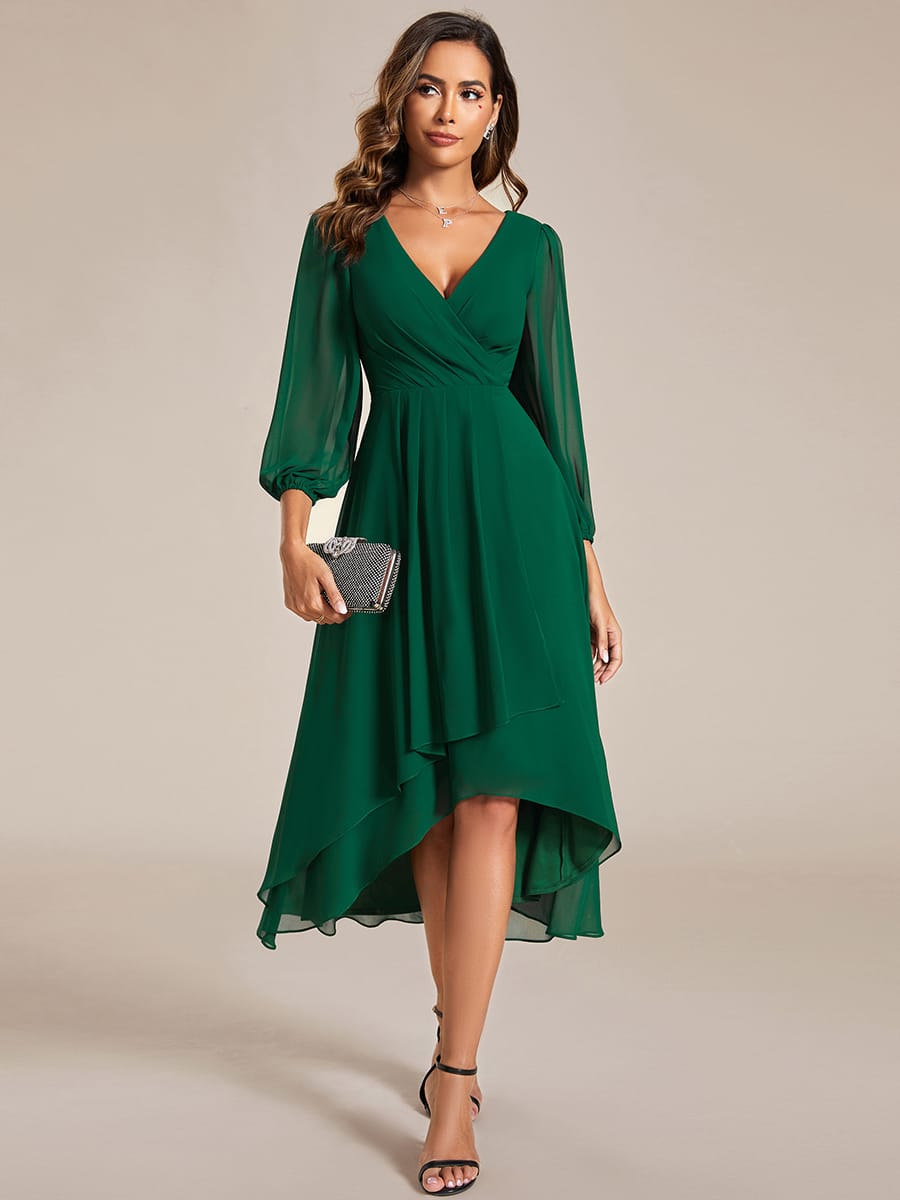 Elegant Long Sleeve V-Neck High Low Chiffon Wedding Guest Dress #color_Dark Green