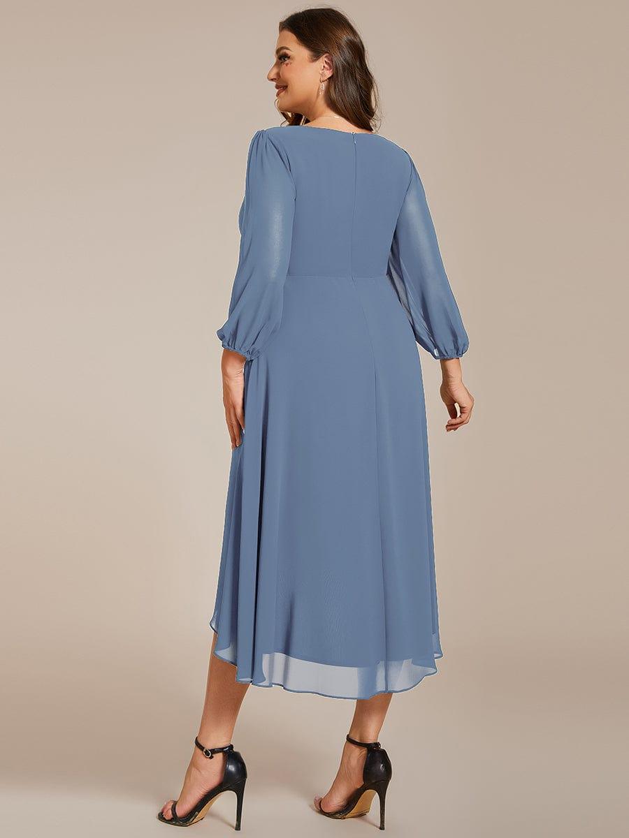 Elegant Long Sleeve V-Neck High Low Chiffon Wedding Guest Dress #color_Dusty Blue