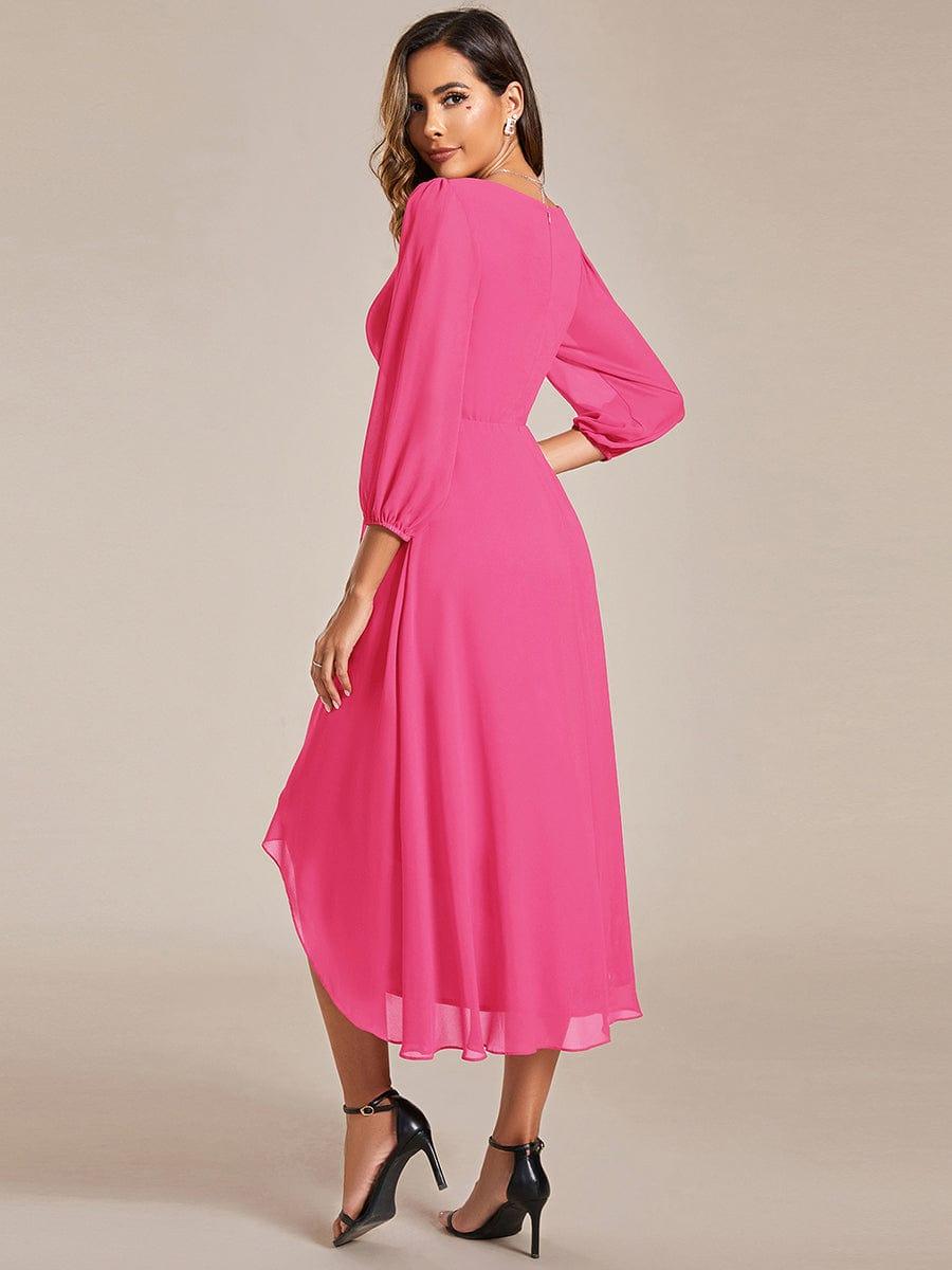 Elegant Long Sleeve V-Neck High Low Chiffon Wedding Guest Dress #color_Hot Pink